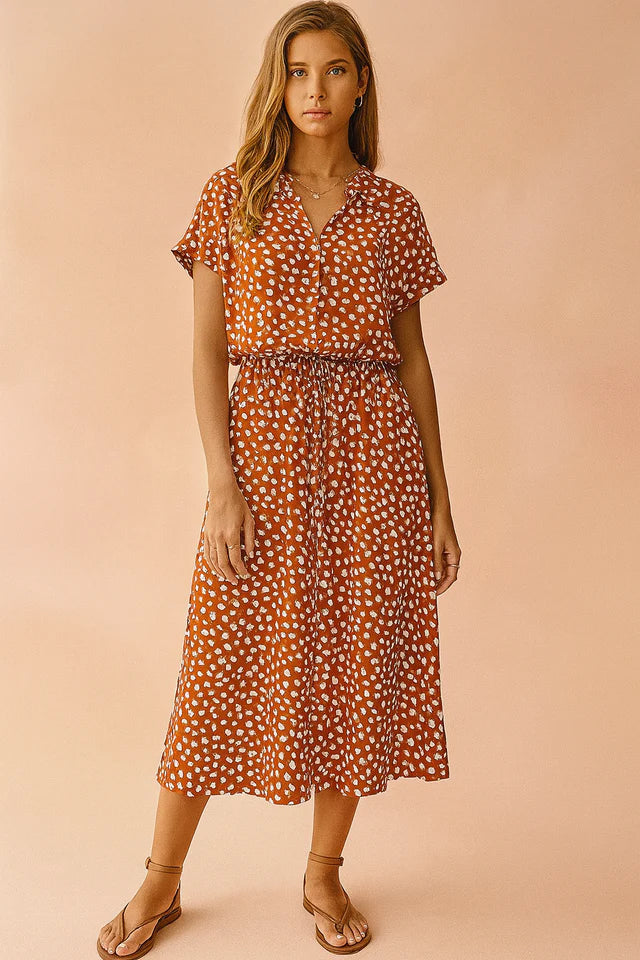 Samira | Women’s Short Sleeve V Neck Waist Tie Flowy Midi Dress