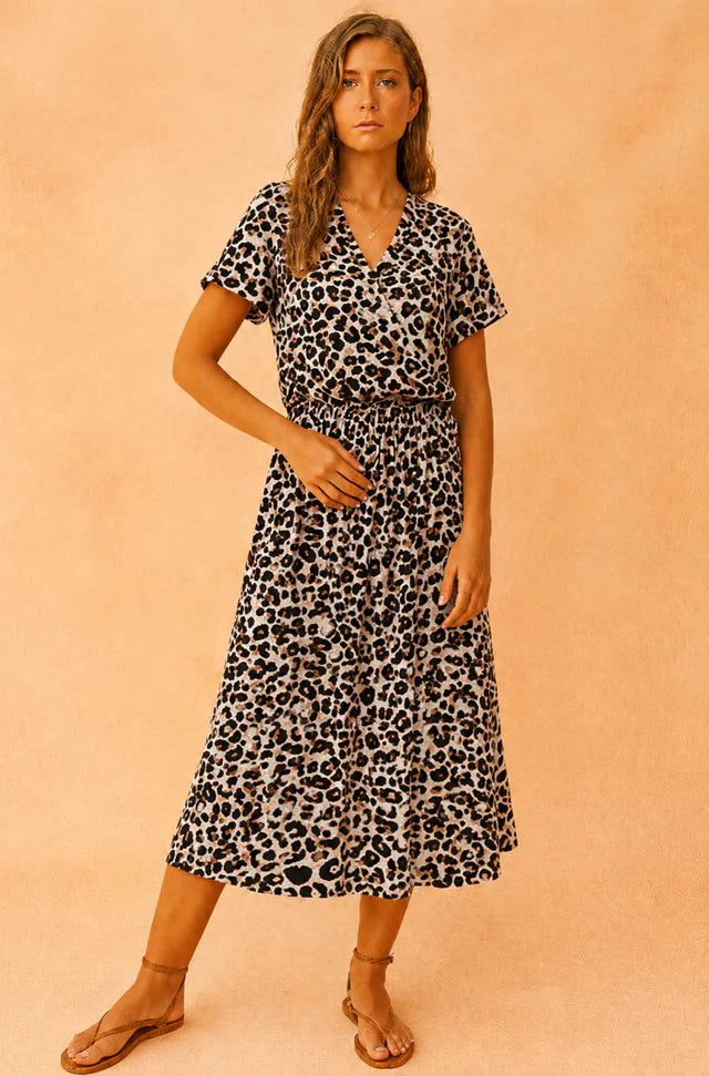 Samira | Women’s Short Sleeve V Neck Waist Tie Flowy Midi Dress
