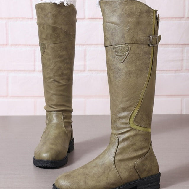 Sandra | Women’s Buckled Low Block Round Toe Knee High Boots