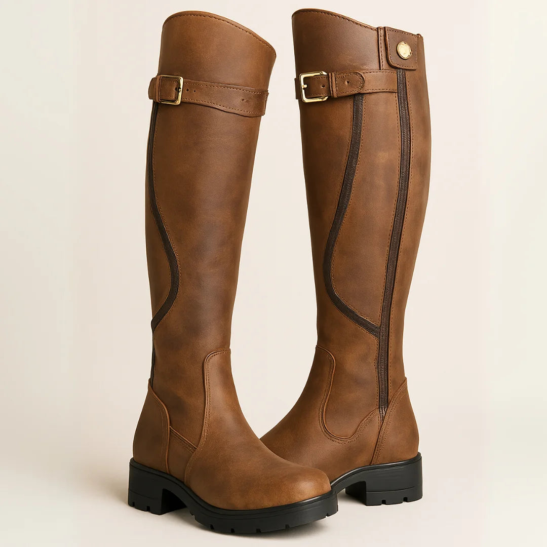 Sandra | Women’s Buckled Low Block Round Toe Knee High Boots