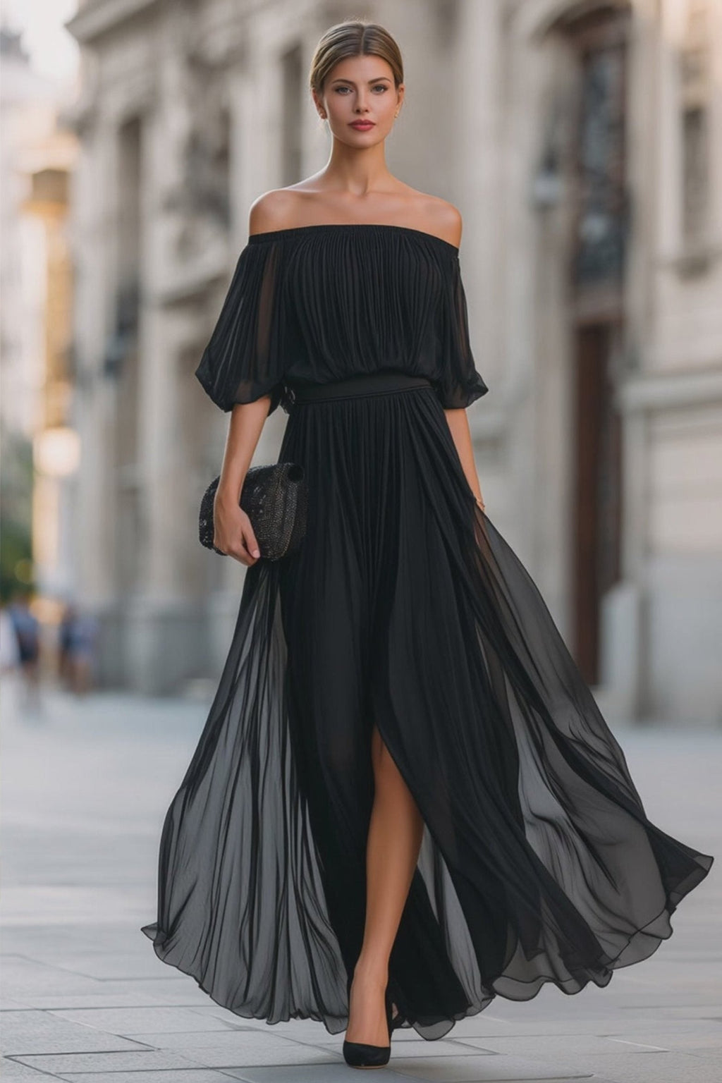 Sasha | Women’s High Slit Off Shoulder Pleated Flowy Maxi Dress