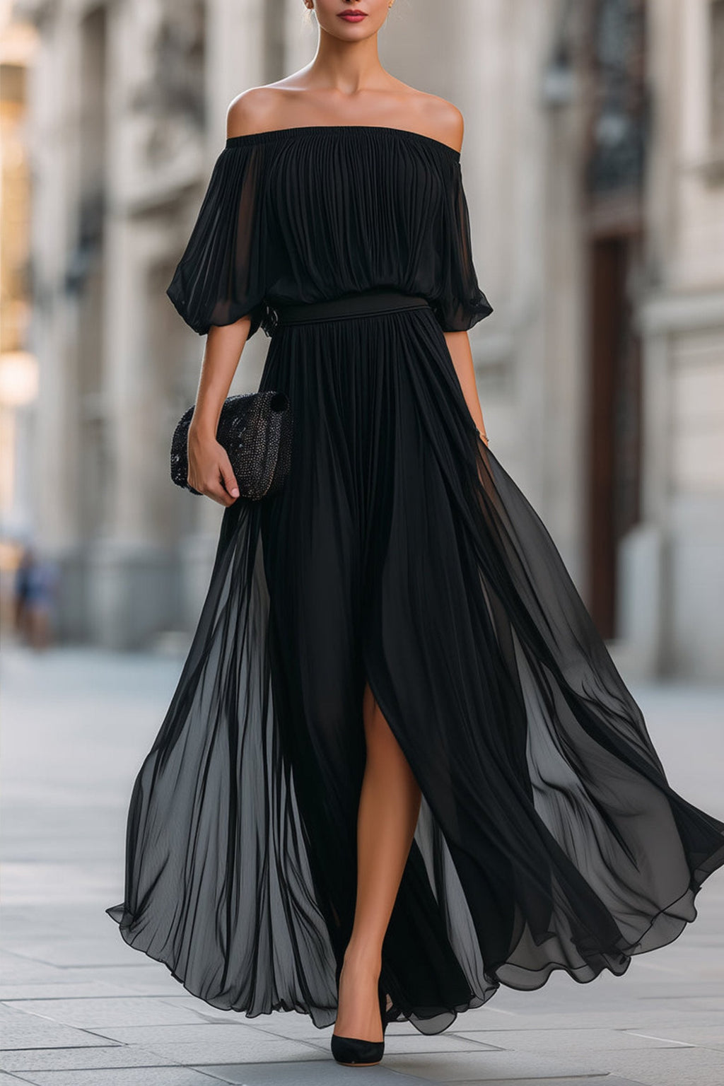 Sasha | Women’s High Slit Off Shoulder Pleated Flowy Maxi Dress