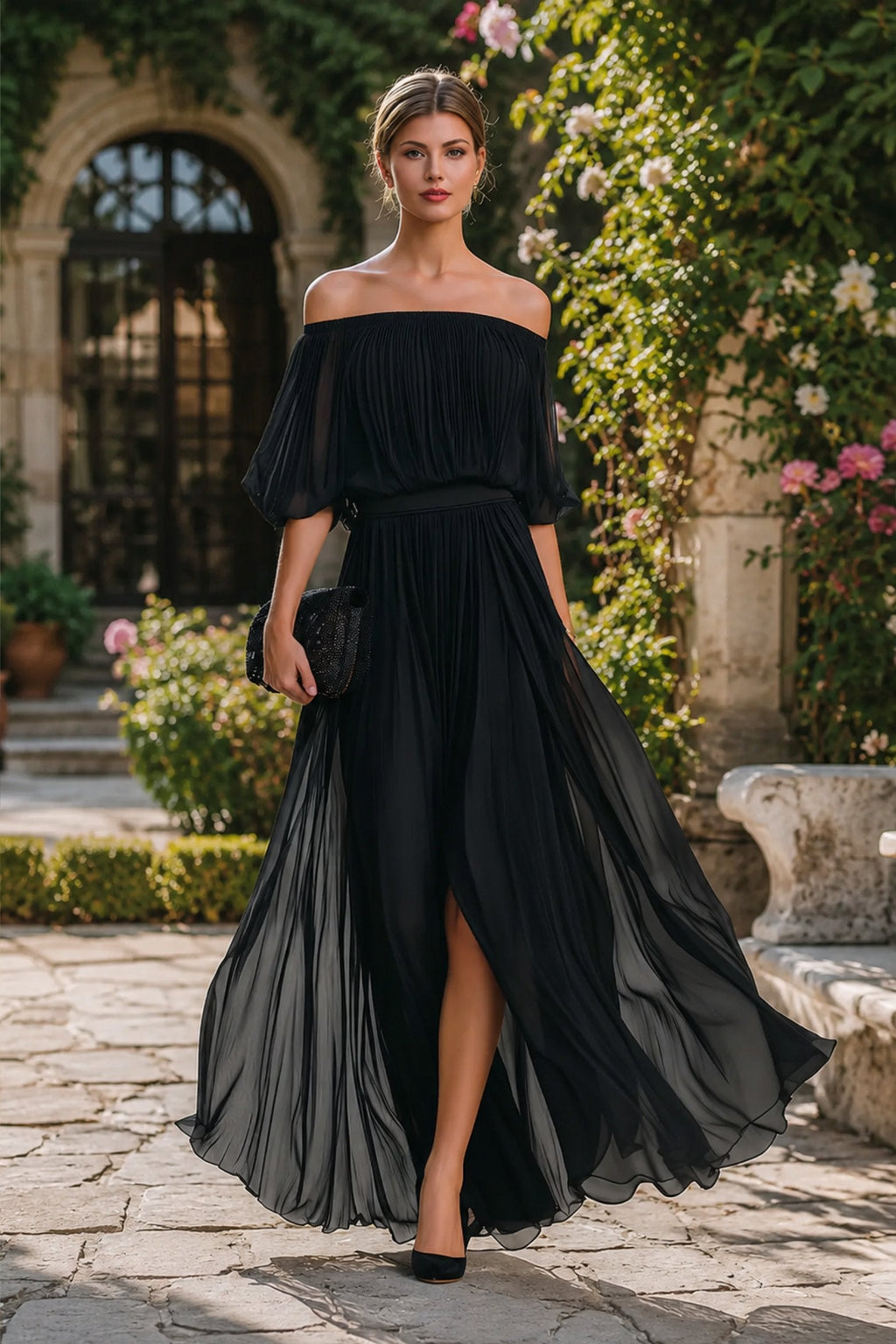 Sasha | Women’s High Slit Off Shoulder Pleated Flowy Maxi Dress