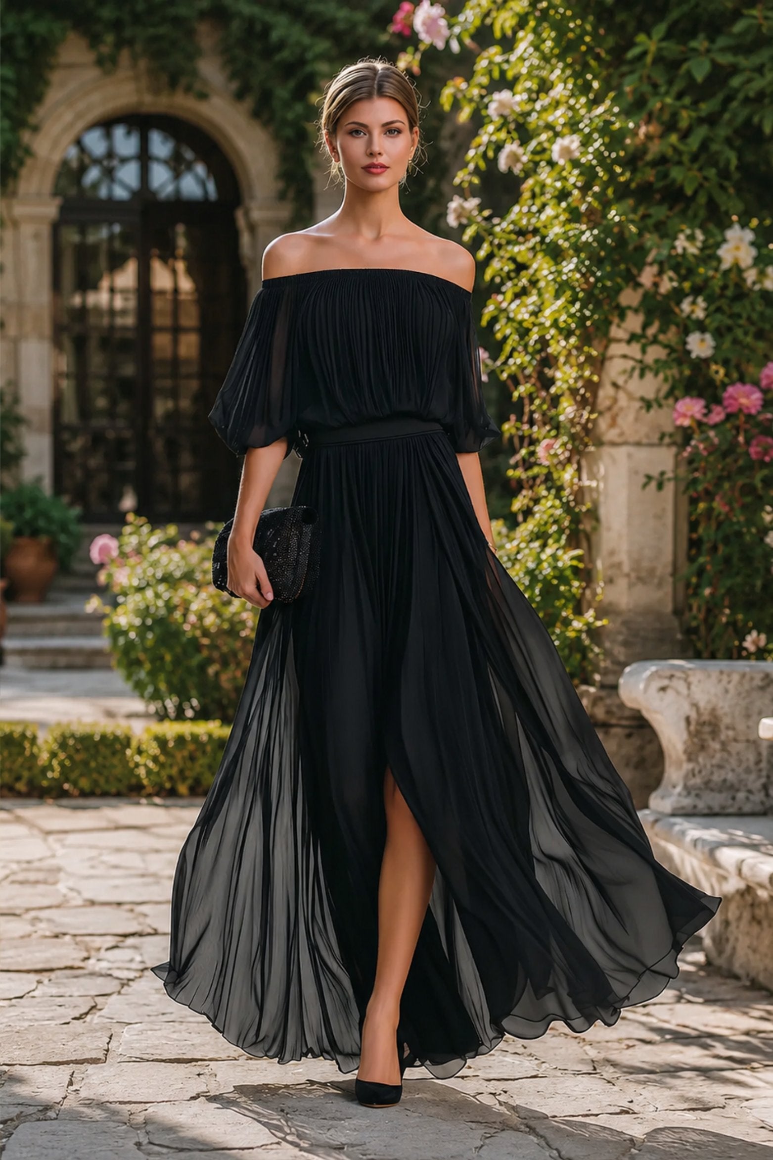 Sasha | Women’s High Slit Off Shoulder Pleated Flowy Maxi Dress