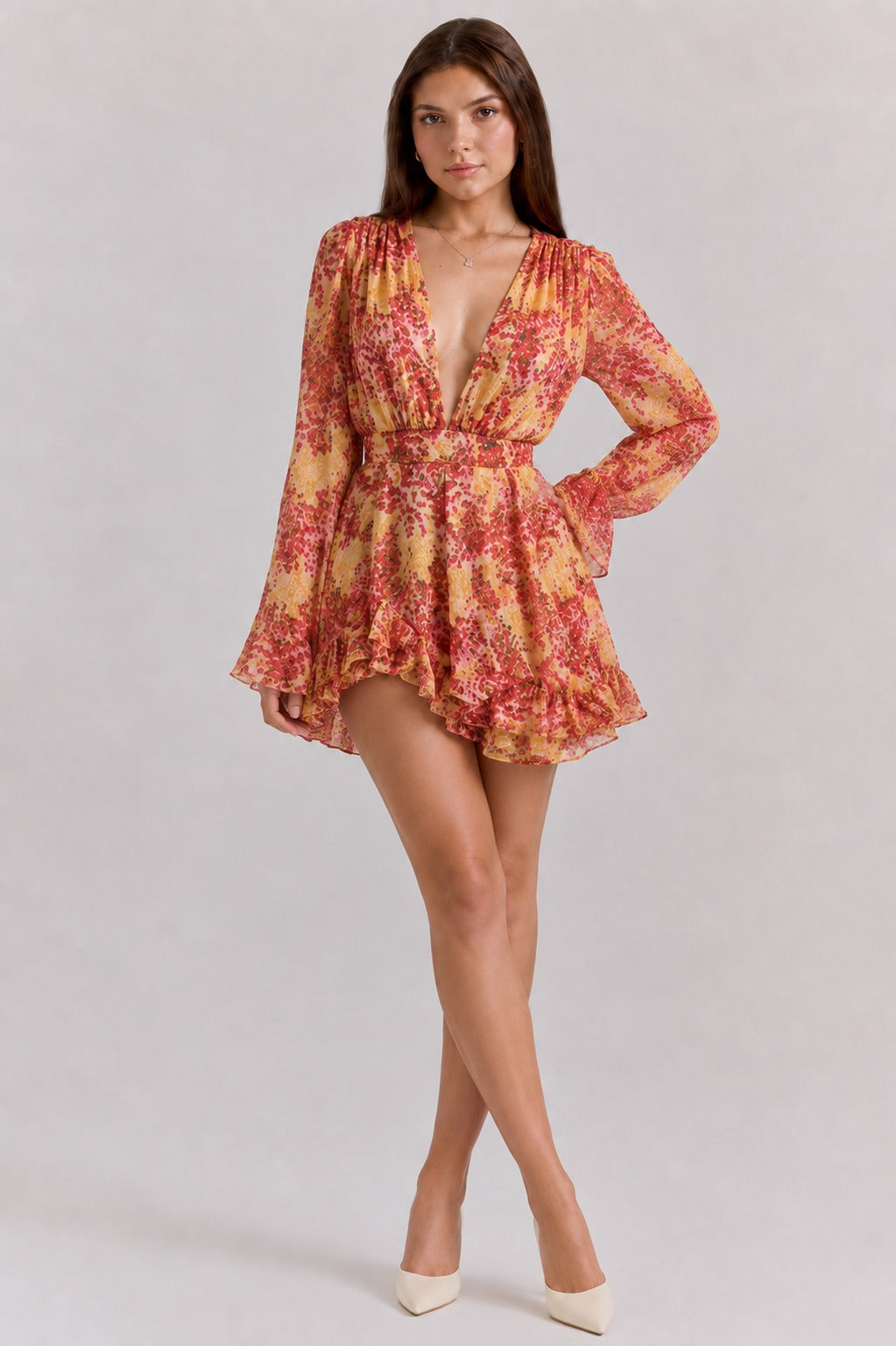 Scarlett | Women’s Long Sleeve Mesh V Neck Ruffle Mini Dress