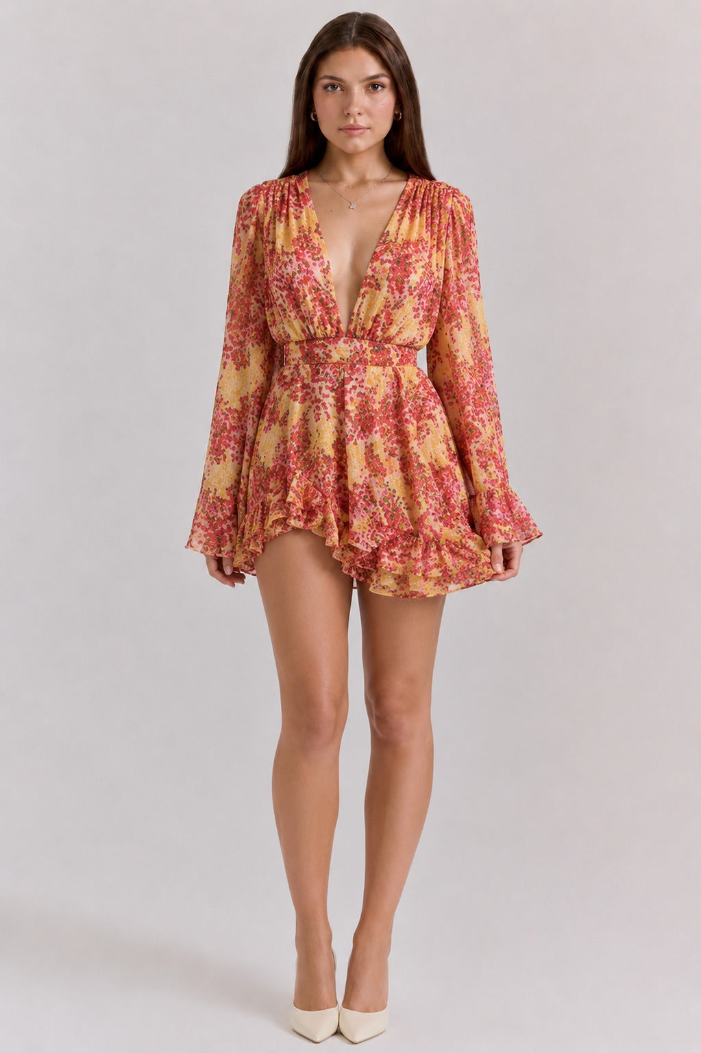 Scarlett | Women’s Long Sleeve Mesh V Neck Ruffle Mini Dress