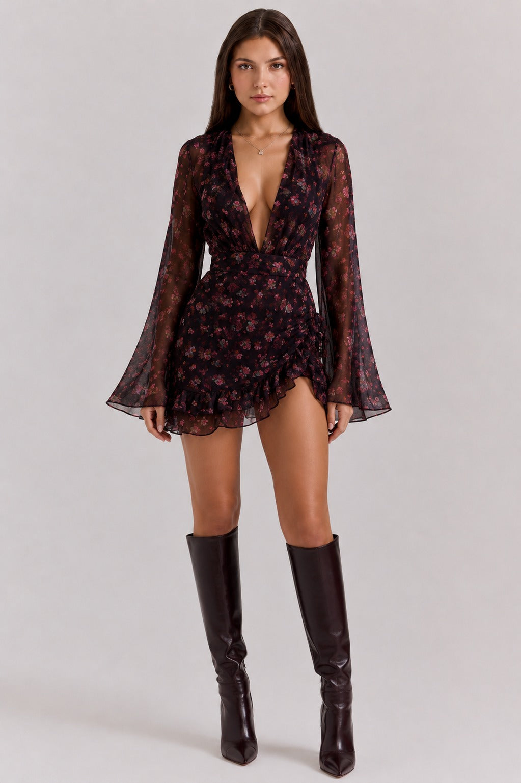 Scarlett | Women’s Long Sleeve Mesh V Neck Ruffle Mini Dress