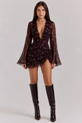 Scarlett | Women’s Long Sleeve Mesh V Neck Ruffle Mini Dress