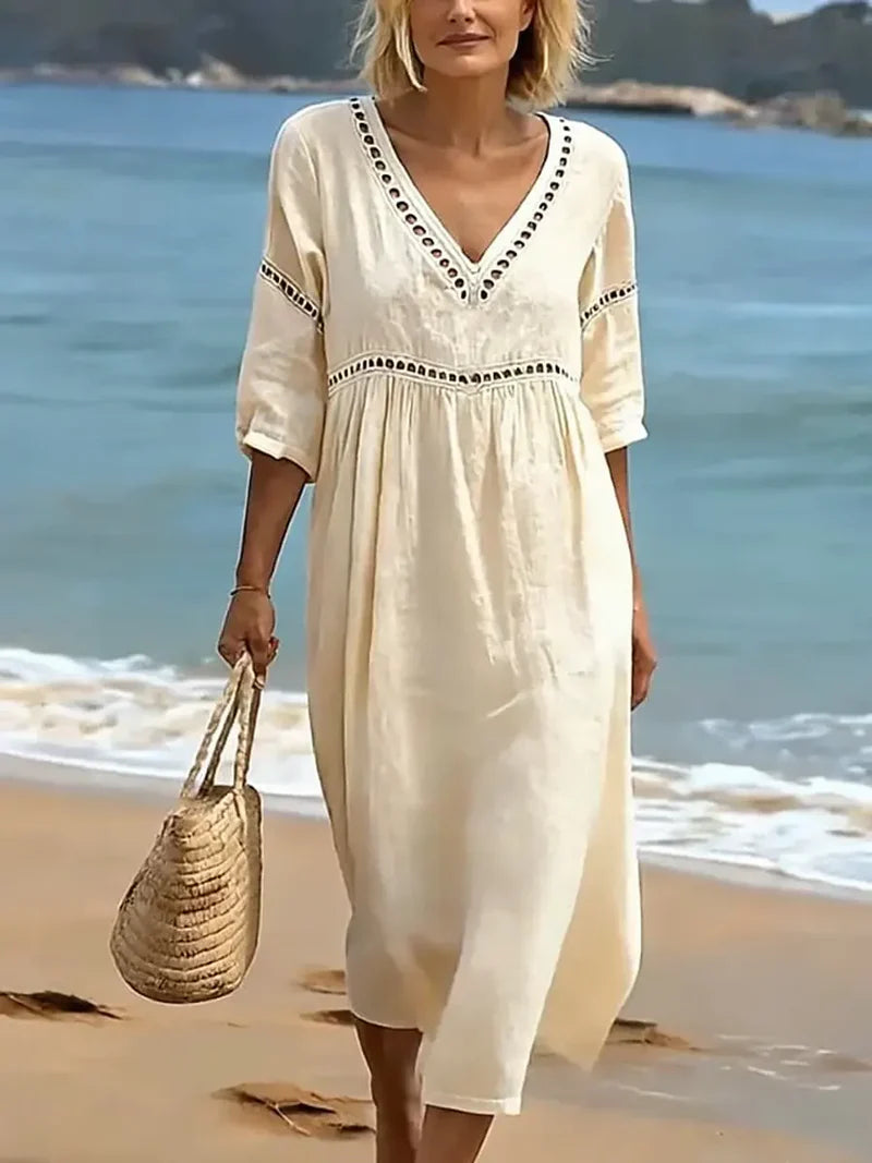 Selina | Women's Cutout V-Neck Short Sleeve Flowy Midi Dress