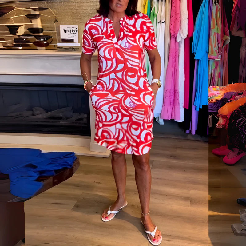 Seren | Women's Abstract Print V-Neck Short Sleeve Knee Length Dress