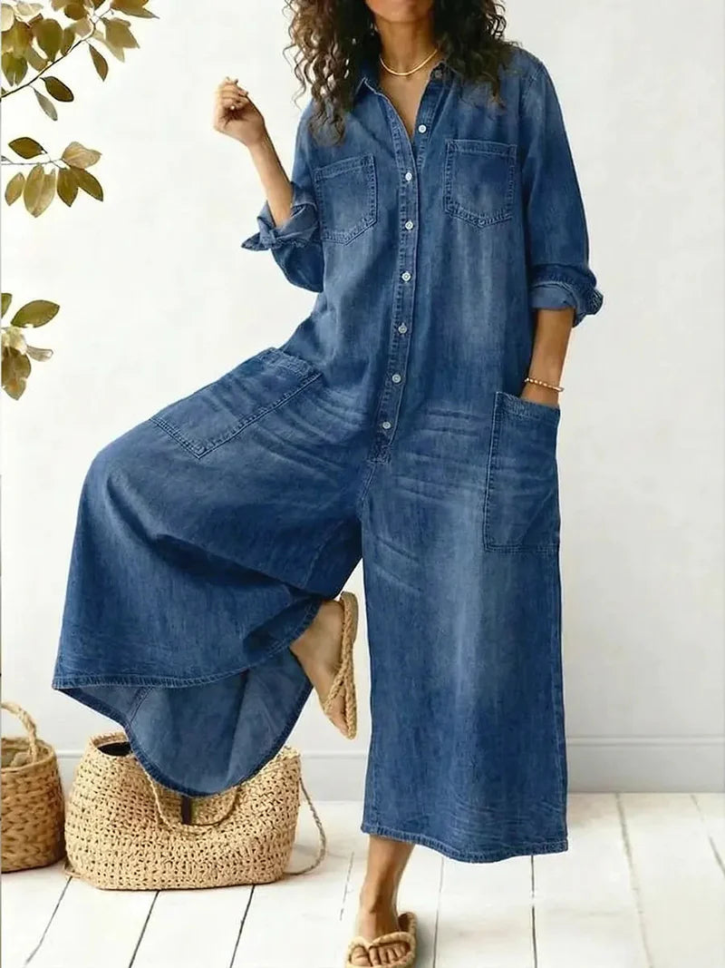Serena | Women's Button Front Long Sleeve Wide Leg Denim Jumpsuit