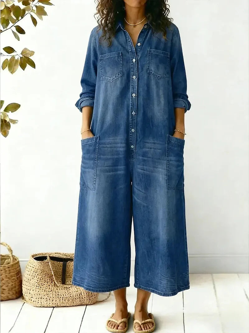 Serena | Women's Button Front Long Sleeve Wide Leg Denim Jumpsuit