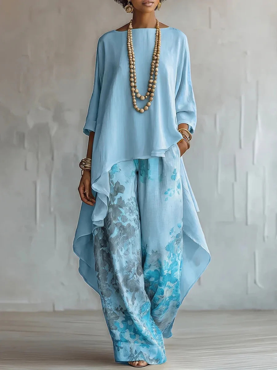 Shanna | Women's Printed Wide Leg Asymmetrical Boat Neck Two Piece Set