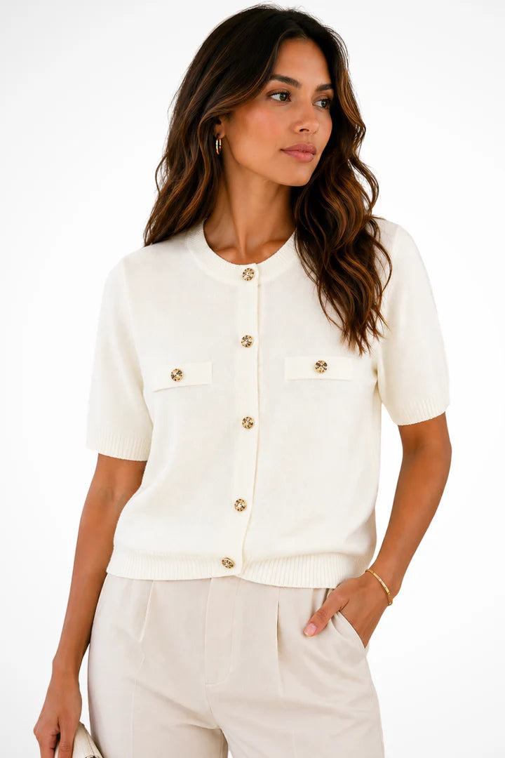 Sharni | Women's Button Front Short Sleeve Round Neck Cardigan