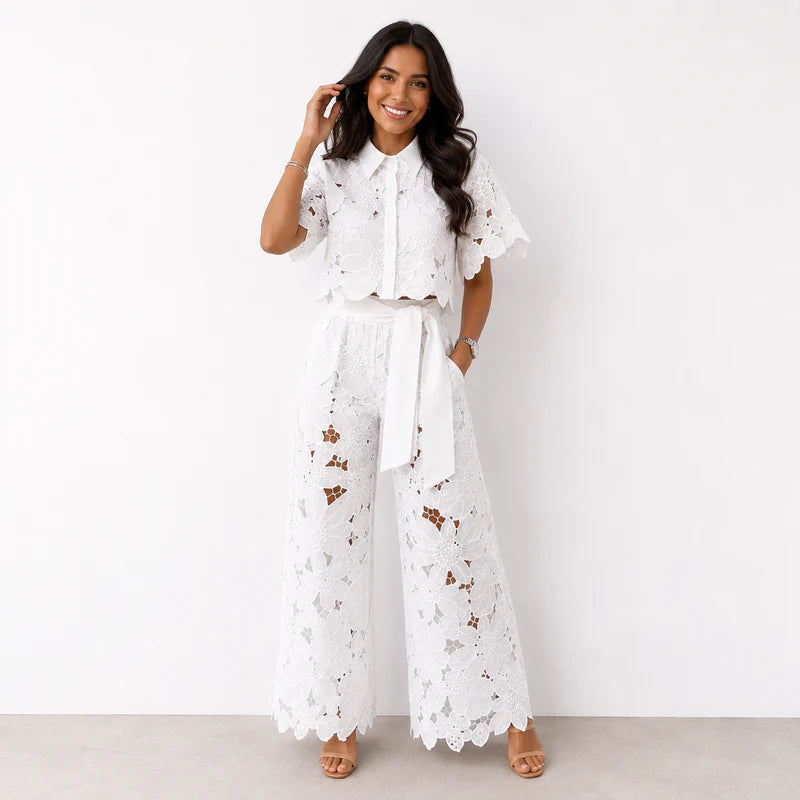 Sheryl | Women’s Collared Short Sleeve Wide Leg Two Piece Set