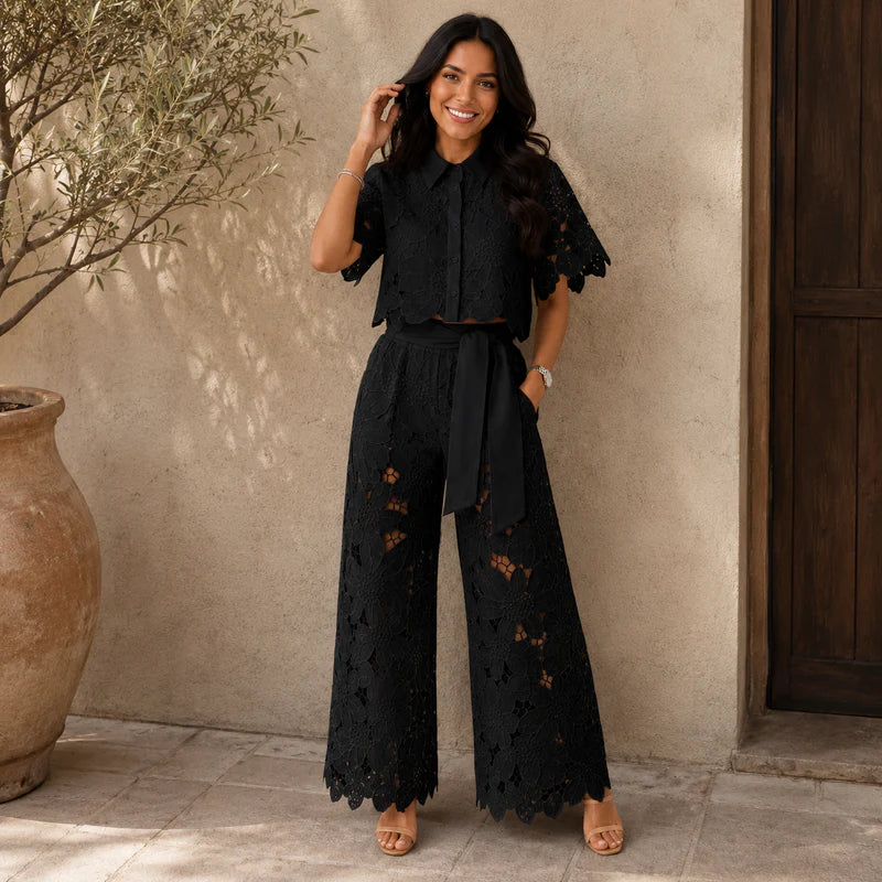Sheryl | Women’s Collared Short Sleeve Wide Leg Two Piece Set