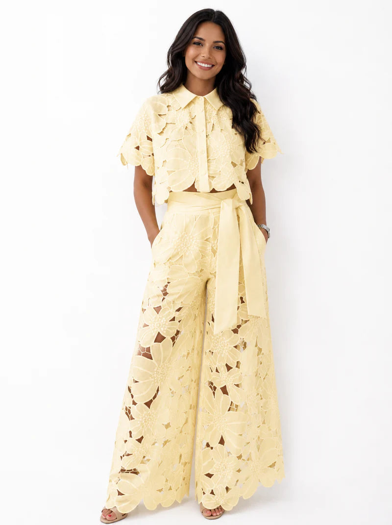 Sheryl | Women’s Collared Short Sleeve Wide Leg Two Piece Set