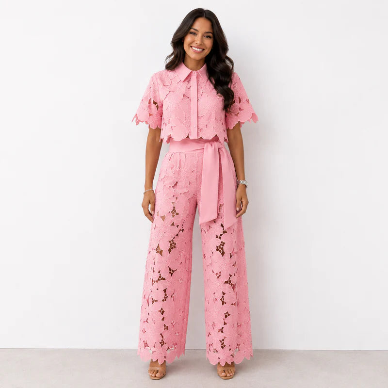 Sheryl | Women’s Collared Short Sleeve Wide Leg Two Piece Set