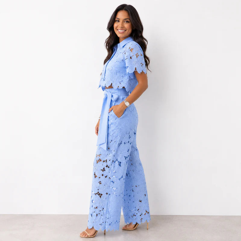 Sheryl | Women’s Collared Short Sleeve Wide Leg Two Piece Set
