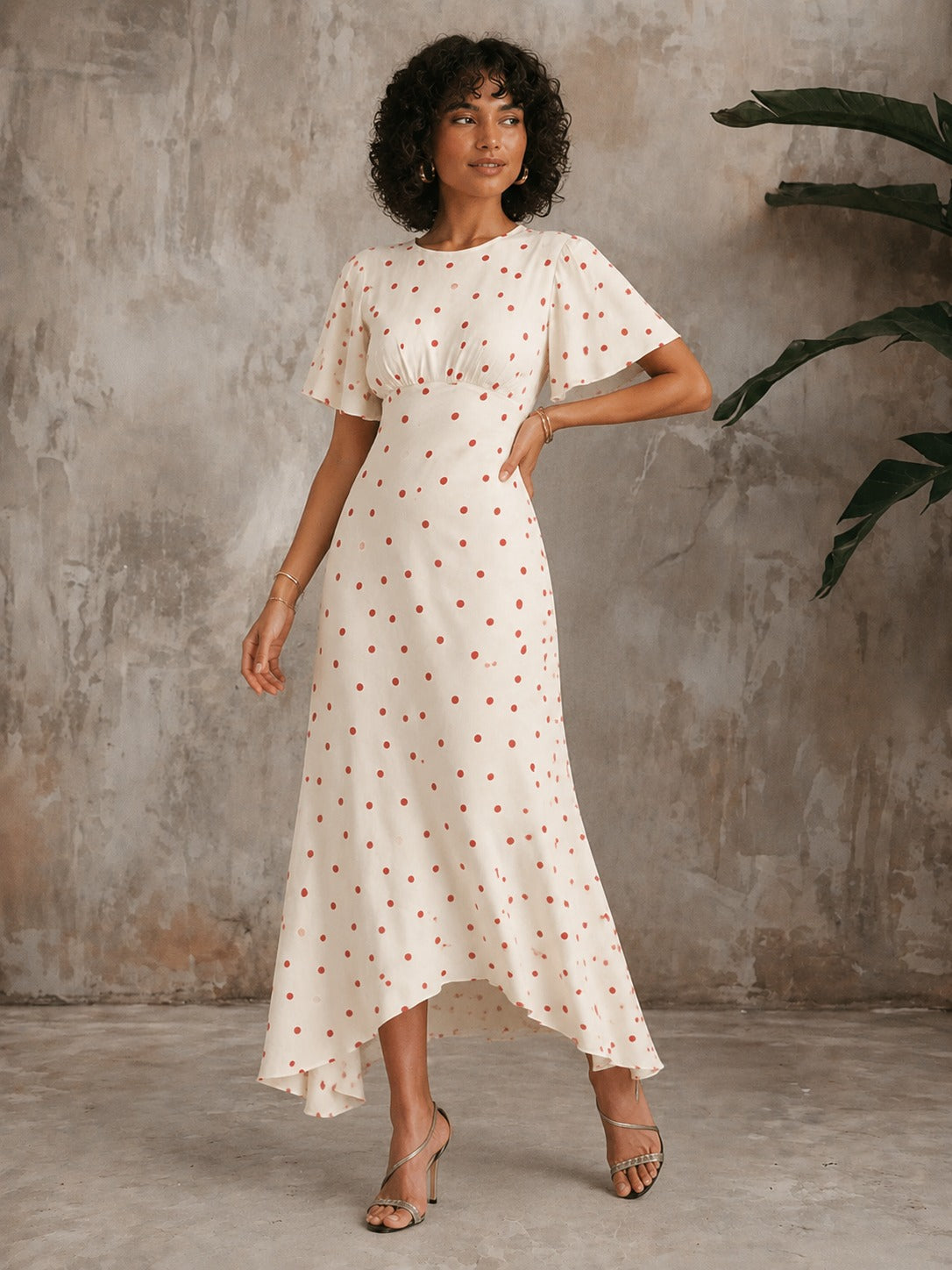 Shirley | Women’s Short Sleeve Round Neck Polka Dot Midi Dress