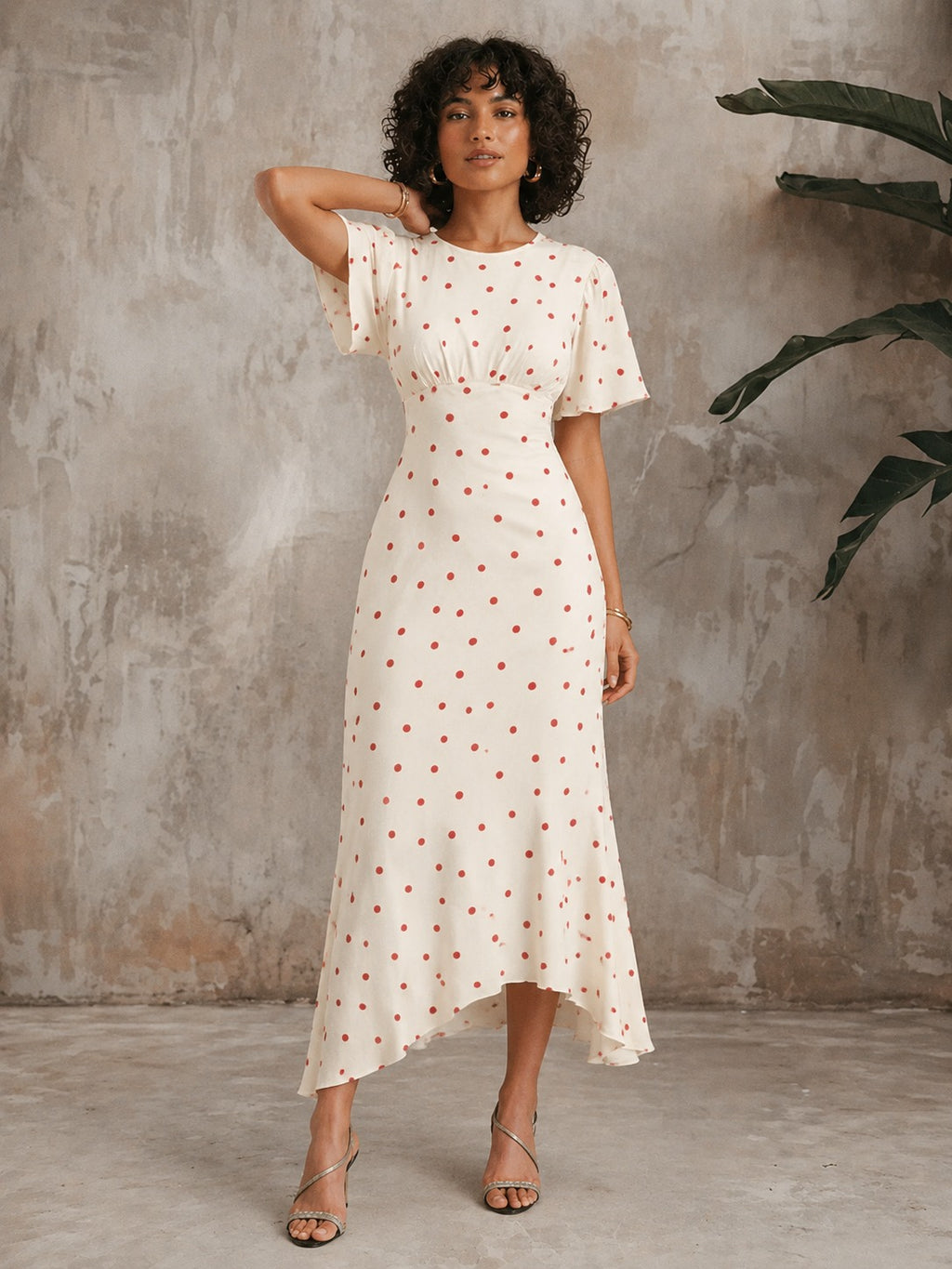 Shirley | Women’s Short Sleeve Round Neck Polka Dot Midi Dress