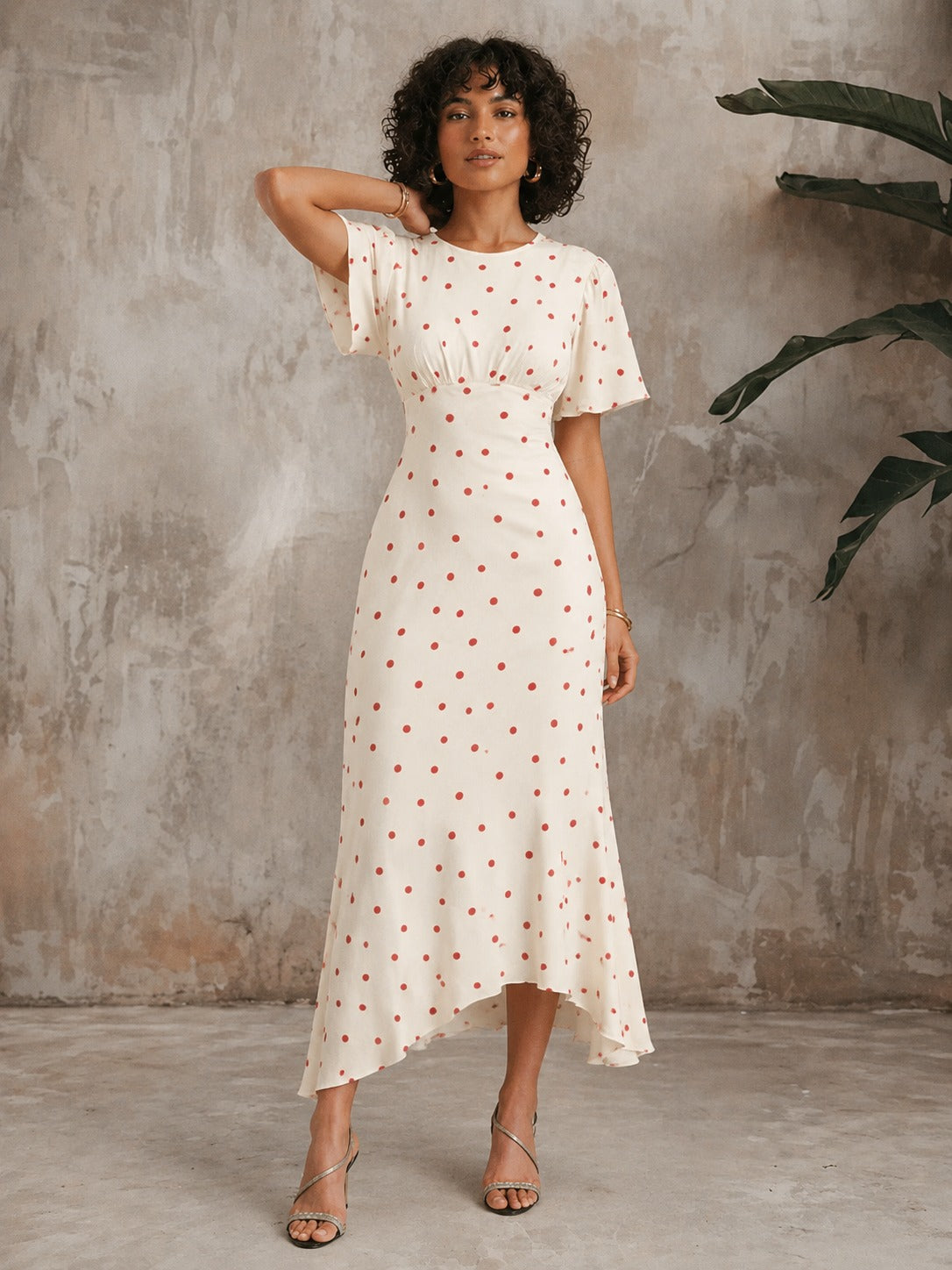 Shirley | Women’s Short Sleeve Round Neck Polka Dot Midi Dress