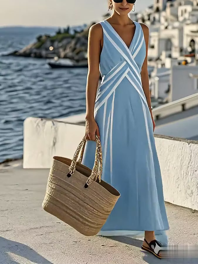 Siobhan | Women’s Sleeveless Striped V Neck Summer Maxi Dress