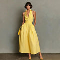 Skylar | Women's Button-Front Pleated Halter Neck Midi Dress