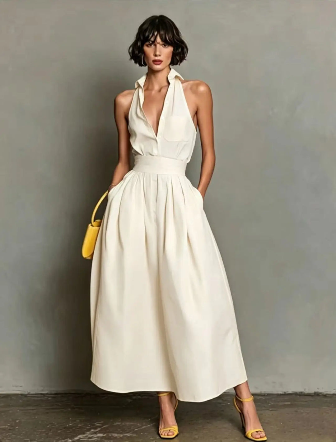 Skylar | Women's Button-Front Pleated Halter Neck Midi Dress