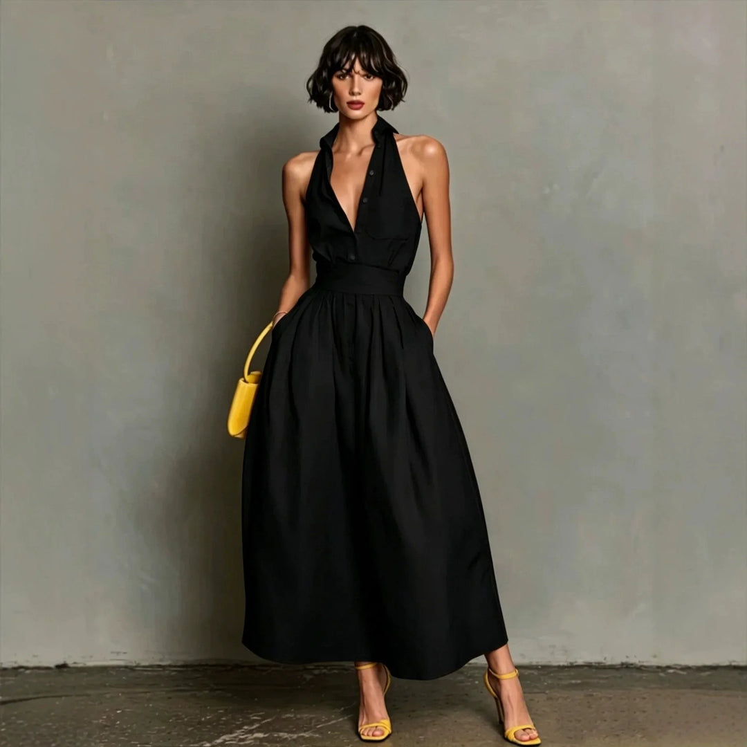 Skylar | Women's Button-Front Pleated Halter Neck Midi Dress