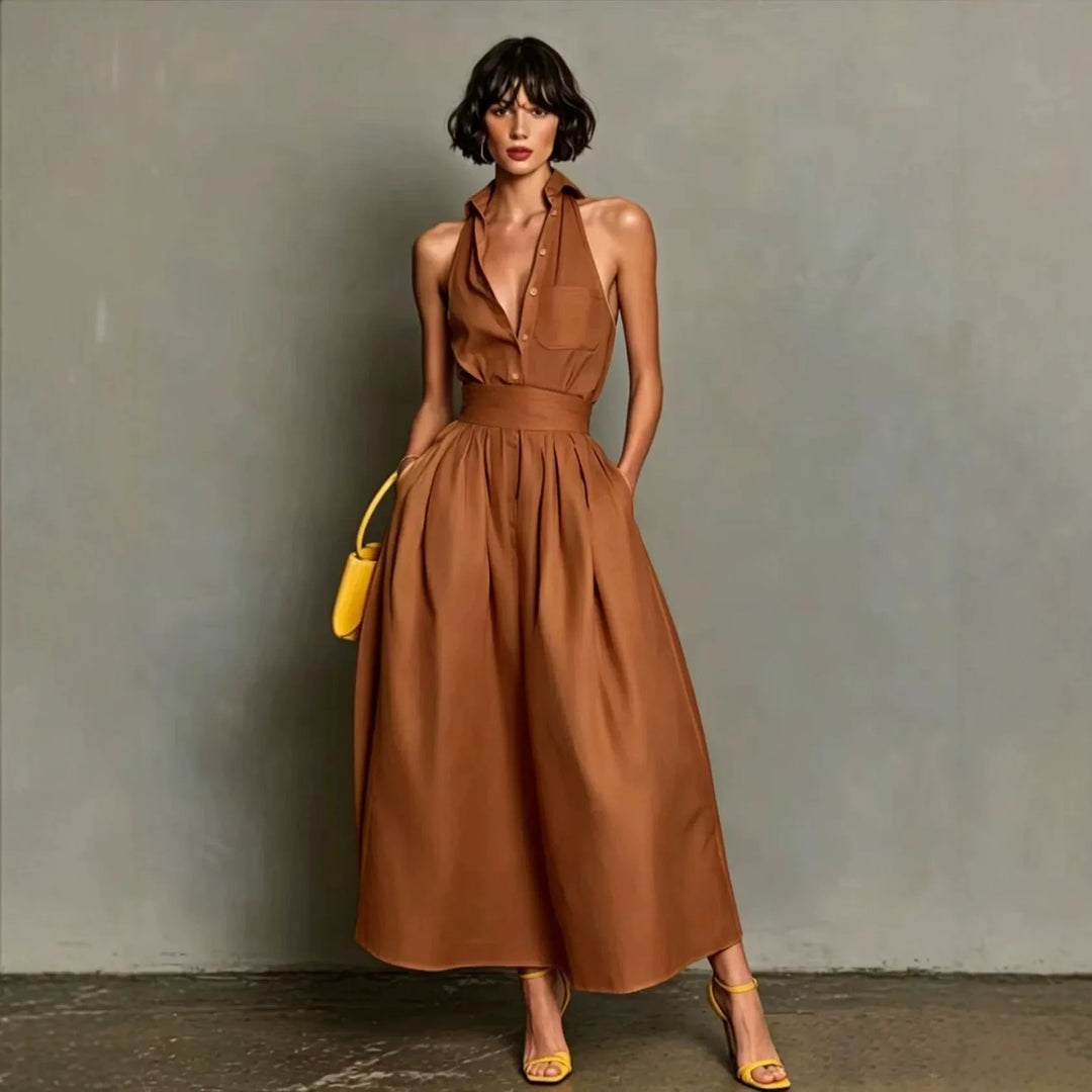 Skylar | Women's Button-Front Pleated Halter Neck Midi Dress