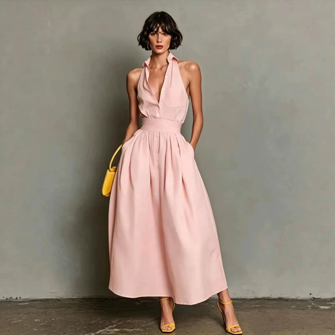Skylar | Women's Button-Front Pleated Halter Neck Midi Dress