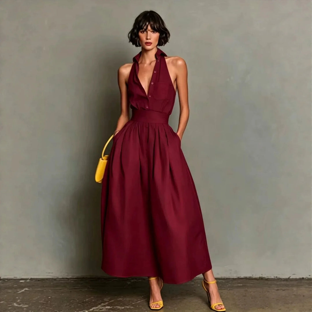 Skylar | Women's Button-Front Pleated Halter Neck Midi Dress