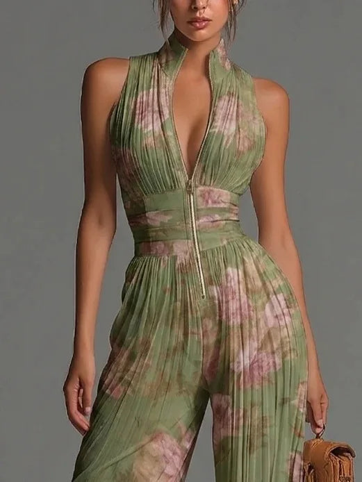 Sonia | Women's Cinched Waist Pleated Flowy Jumpsuit