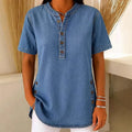 Sorcha | Women’s Button Front Short Sleeve Band Collar Denim Shirt