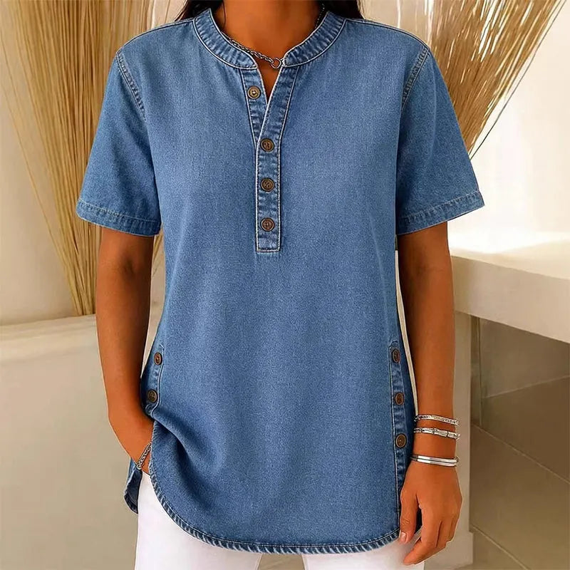 Sorcha | Women’s Button Front Short Sleeve Band Collar Denim Shirt