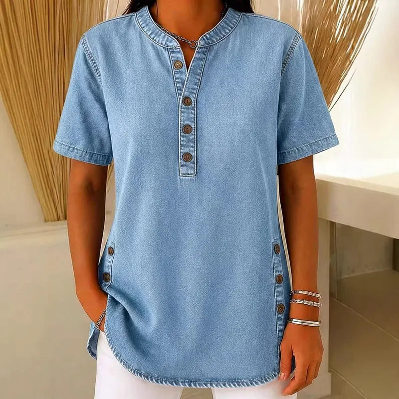Sorcha | Women’s Button Front Short Sleeve Band Collar Denim Shirt