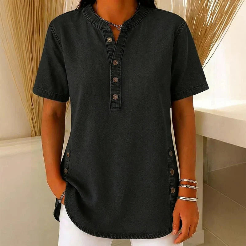 Sorcha | Women’s Button Front Short Sleeve Band Collar Denim Shirt