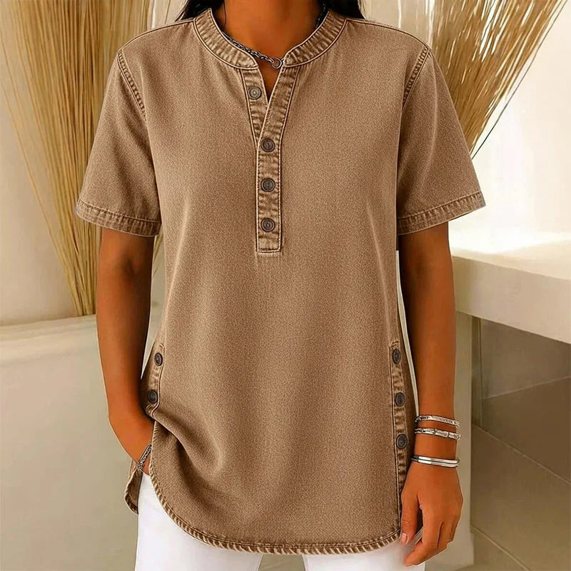 Sorcha | Women’s Button Front Short Sleeve Band Collar Denim Shirt