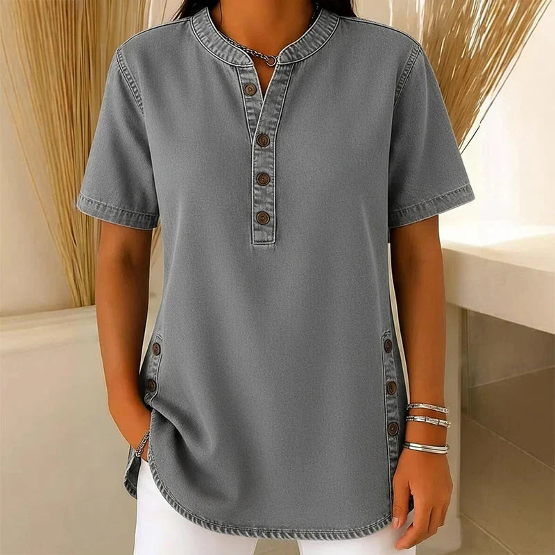 Sorcha | Women’s Button Front Short Sleeve Band Collar Denim Shirt