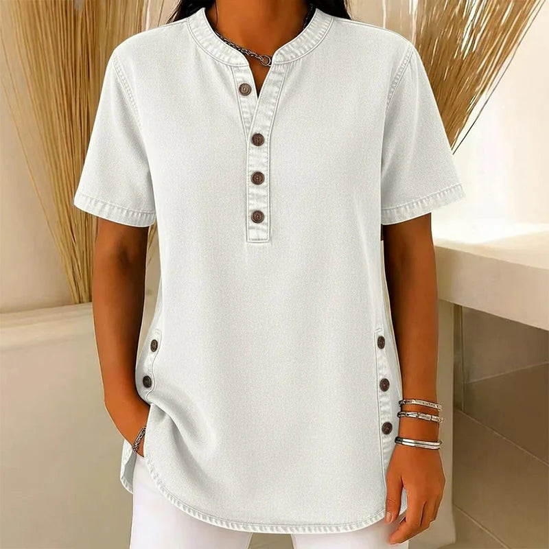 Sorcha | Women’s Button Front Short Sleeve Band Collar Denim Shirt