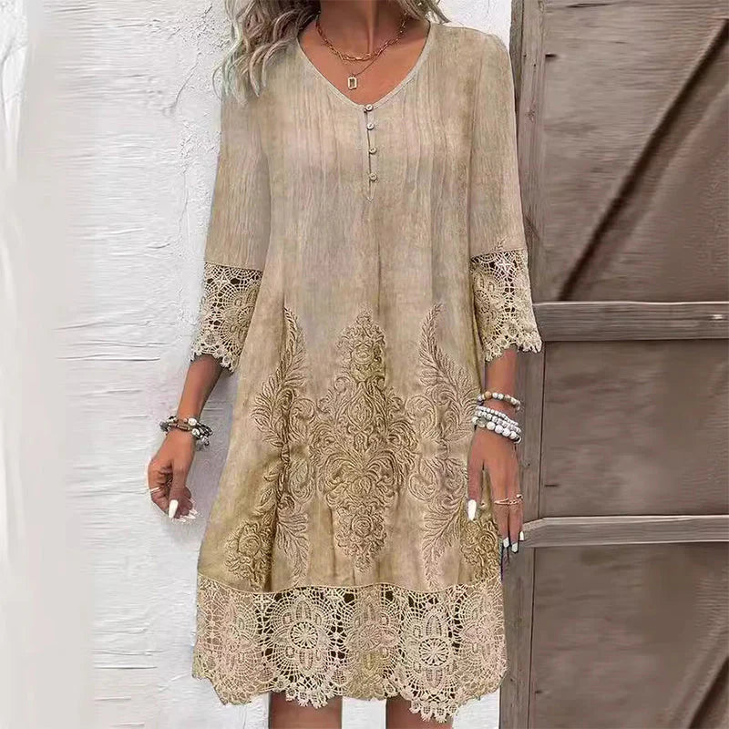 Annora | Women's V-Neck Buttoned Summer Midi Dress