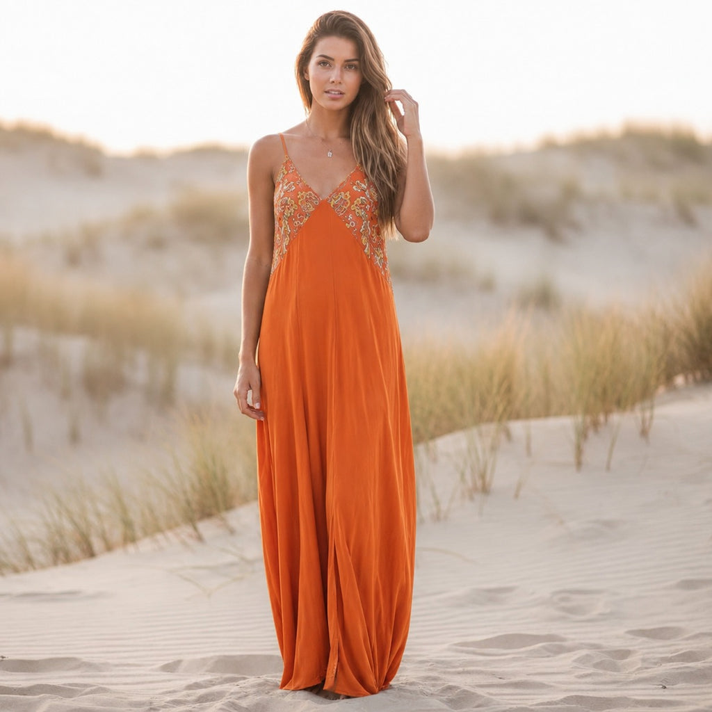 Stacy | Women’s V Neck Sleeveless Printed Flowy Maxi Dress