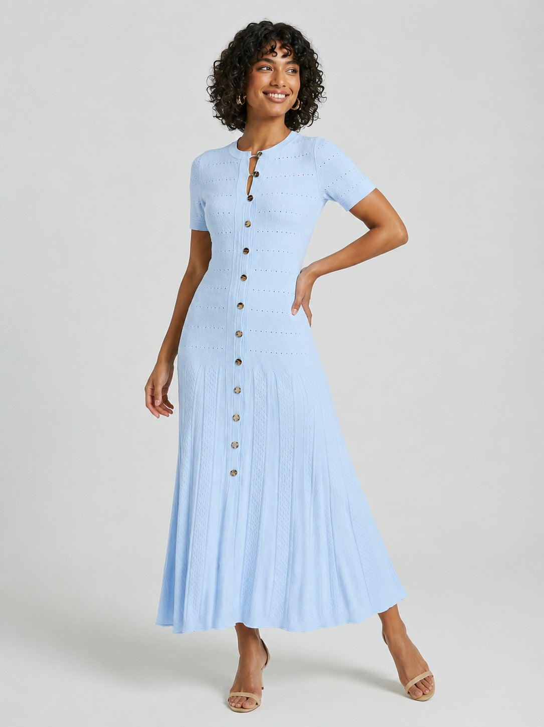 Stella | Women’s Short Sleeve Crew Neck Button Front Midi Dress