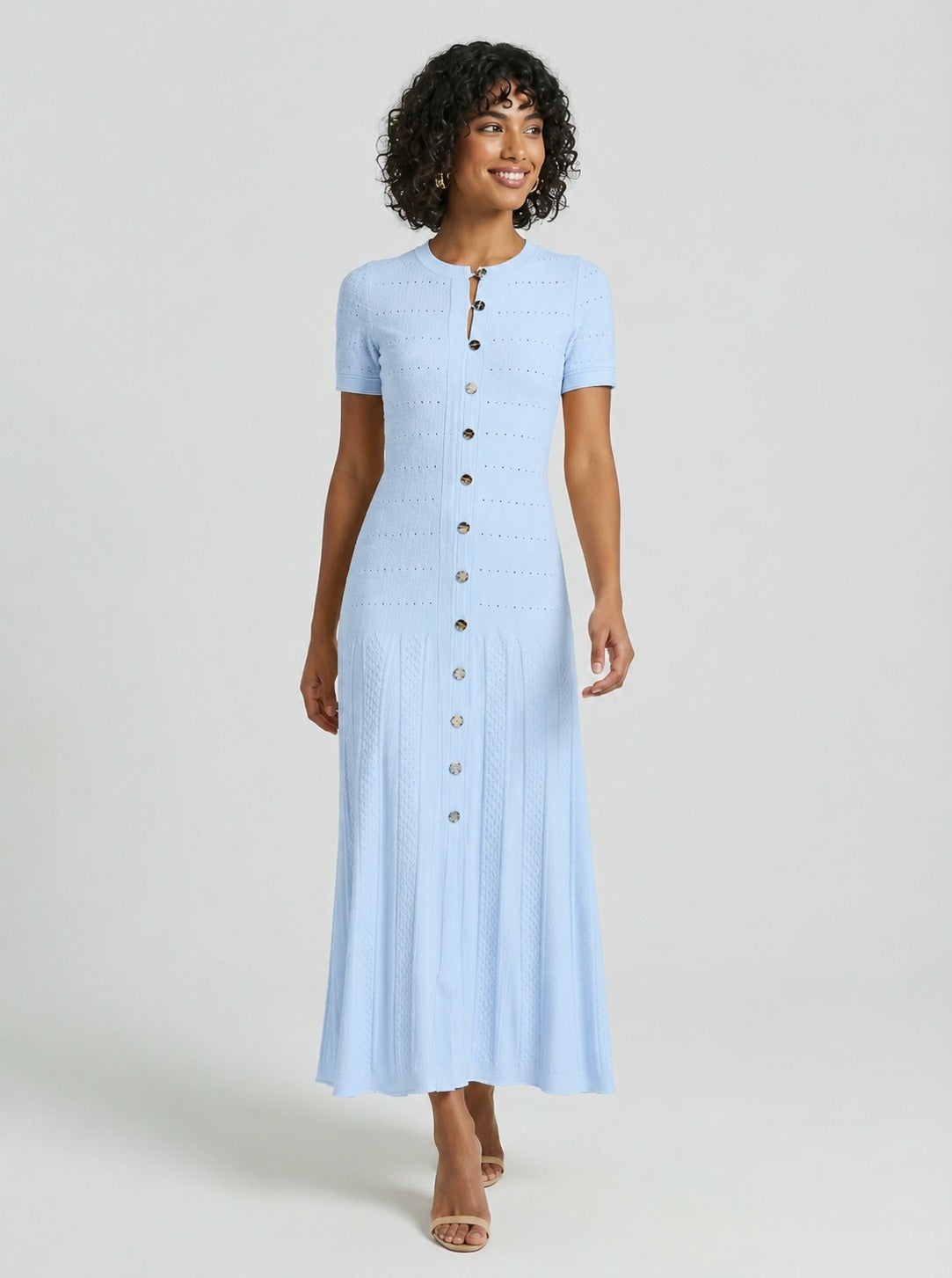 Stella | Women’s Short Sleeve Crew Neck Button Front Midi Dress