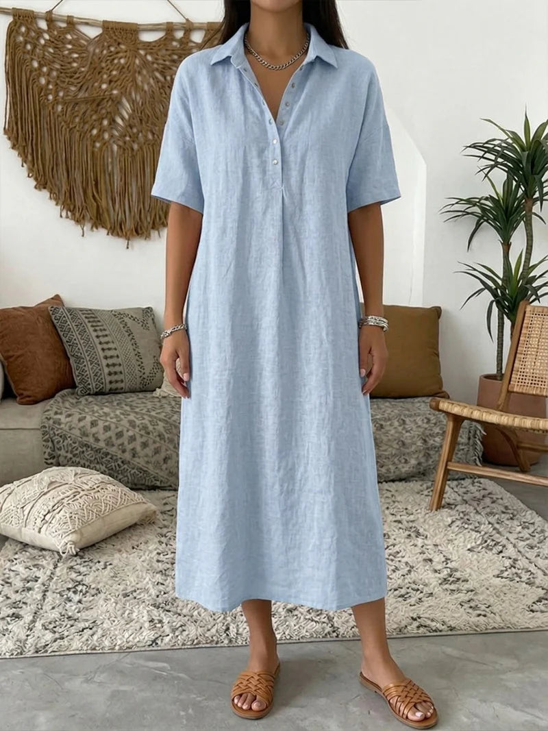 Stevie | Women’s Collared Short Sleeve Button Front Shirt Midi Dress