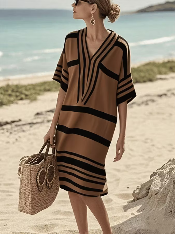 Sunita | Women’s Short Sleeve V Neck Striped Knee Length Dress