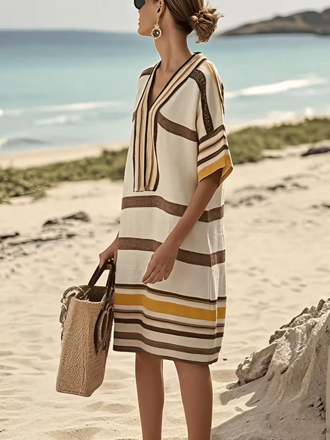 Sunita | Women’s Short Sleeve V Neck Striped Knee Length Dress
