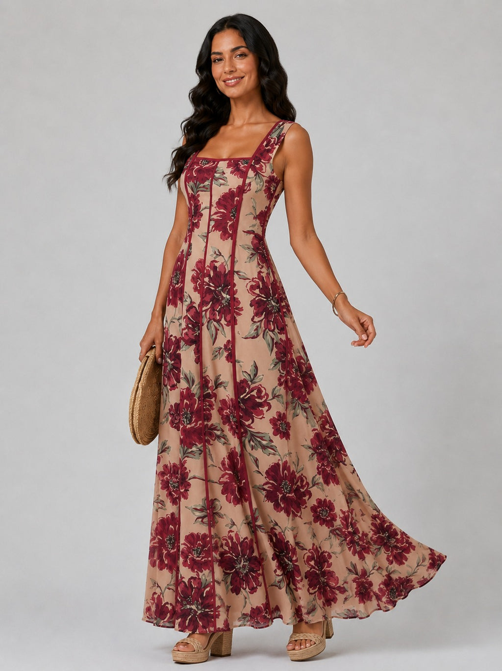 Teresa | Women’s Floral Square Neck Flowy Wedding Guest Dress