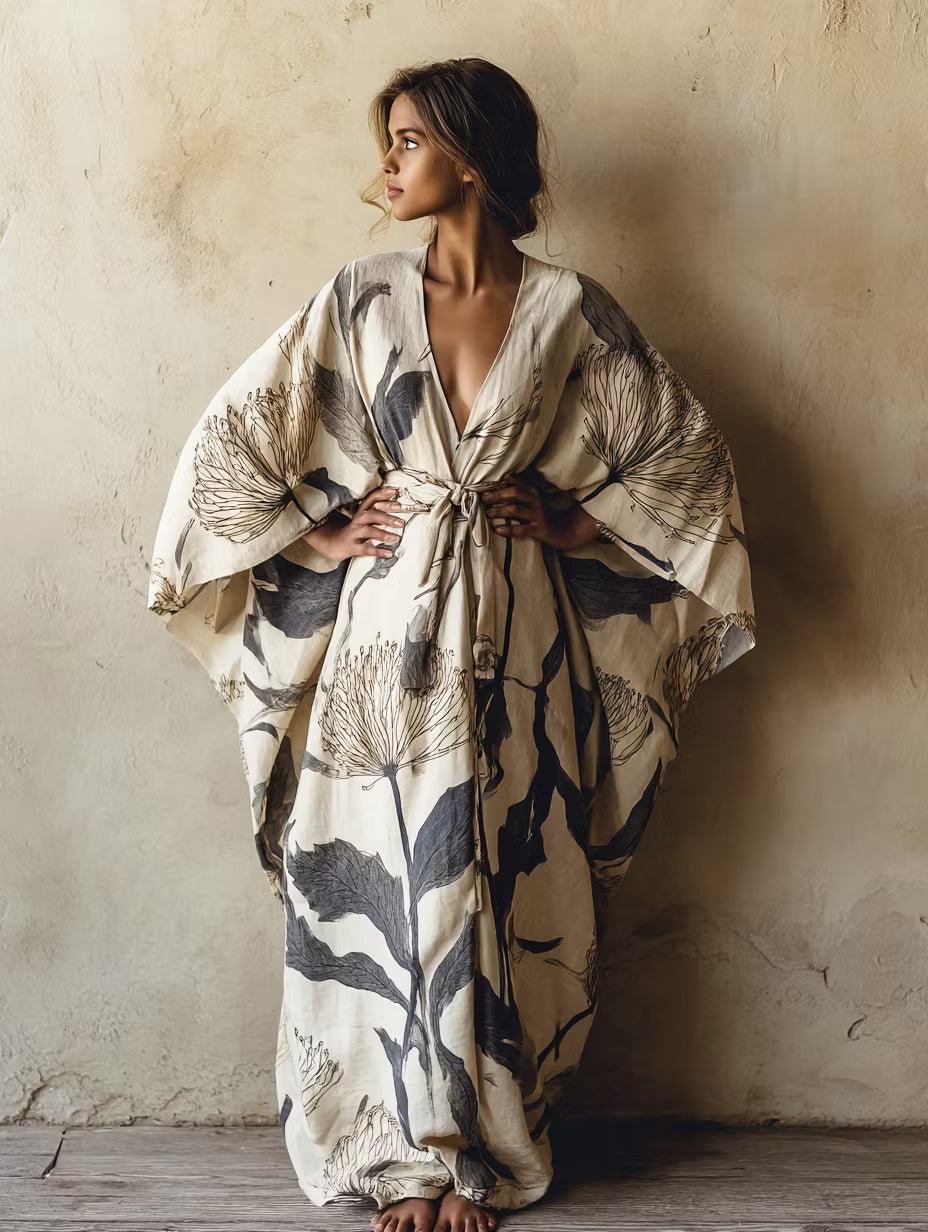 Thelma | Women’s Waist Tie Floral Print V Neck Flowy Maxi Dress